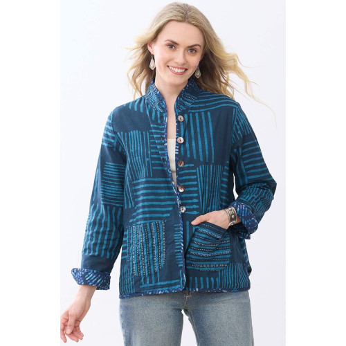 Anandi Reversible Band Collar Jacket - Deep sea/Charcoal