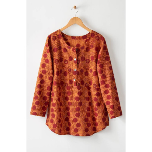 Divya Long-Sleeve Popover Button Top - Honey/Multi
