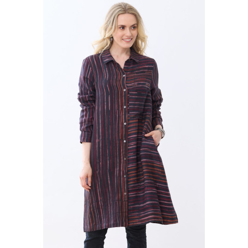 Nahila A-Line Button-Down Long Shirt - Iced plum/Black