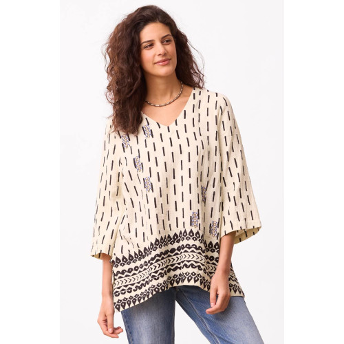 Zarine Double Gauze 3/4-Sleeve V-neck Tunic - Natural/Black