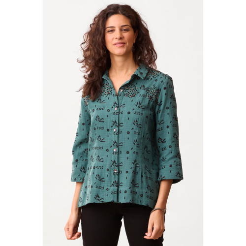 Shafna Double Gauze Slightly-Shaped Shirt - Dusty Teal
