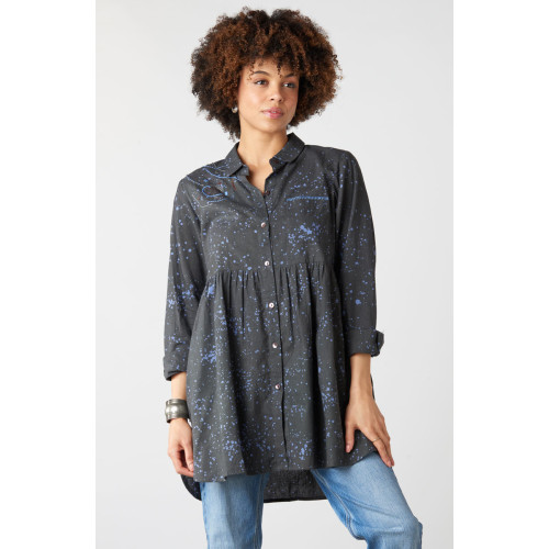 Sariska Button-Down Long-Sleeve Tunic - Fossil/Periwinkle